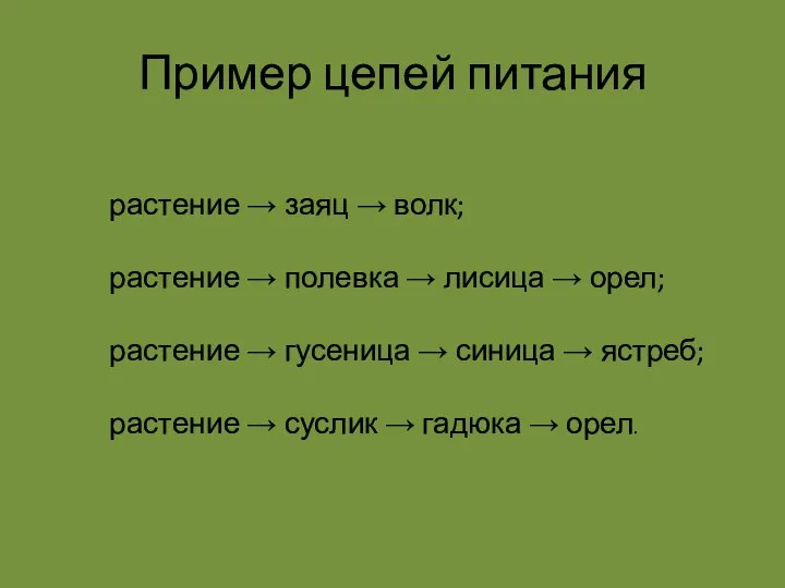 растение → заяц → волк; растение → полевка → лисица →