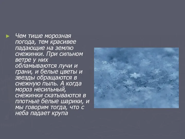 Чем тише морозная погода, тем красивее падающие на землю снежинки. При