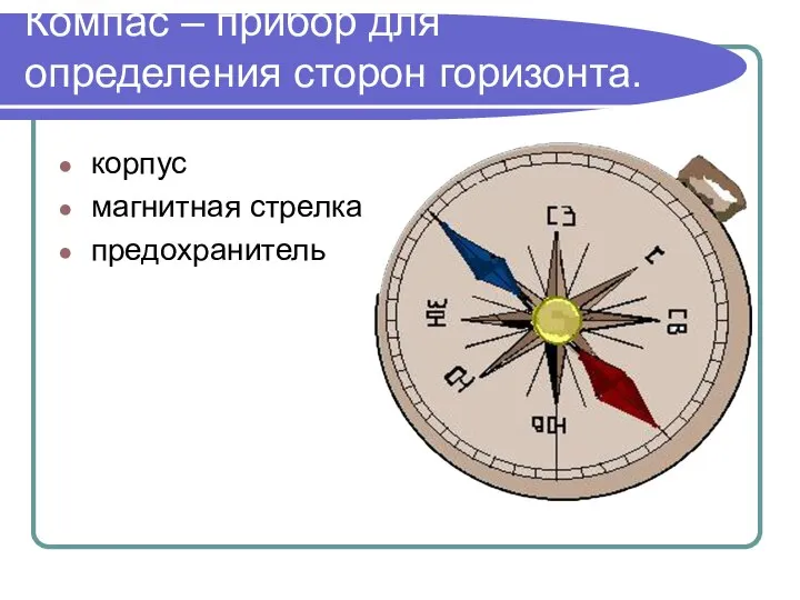 Компас – прибор для определения сторон горизонта. корпус магнитная стрелка предохранитель