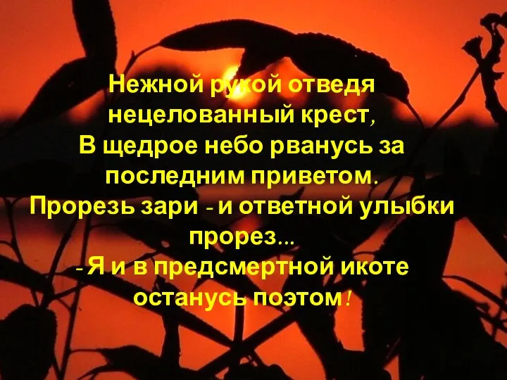 Нежной рукой отведя нецелованный крест, В щедрое небо рванусь за последним