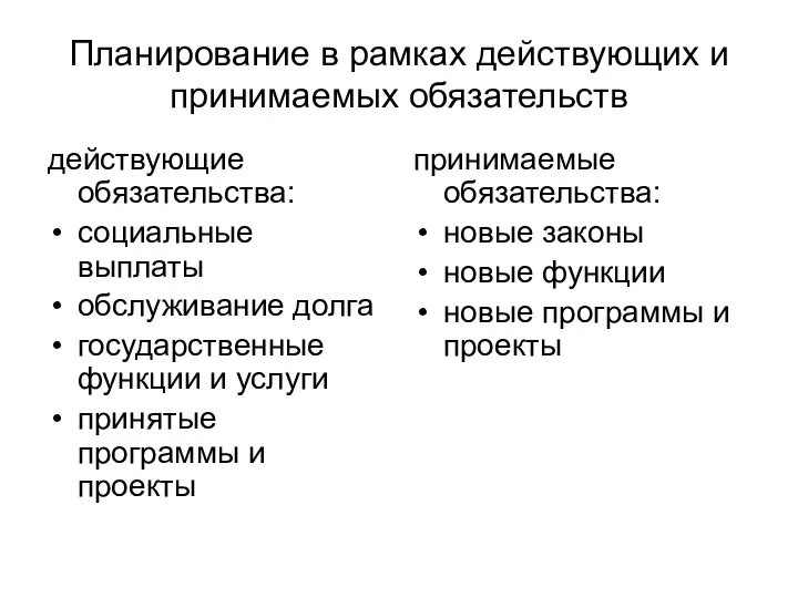 Планирование в рамках действующих и принимаемых обязательств действующие обязательства: социальные выплаты