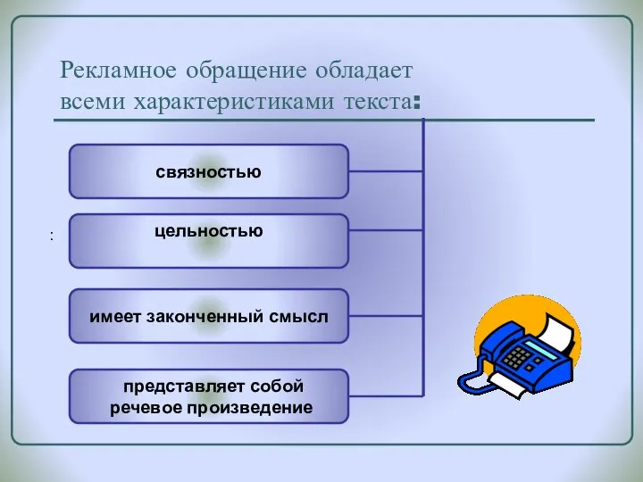 Рекламное обращение обладает всеми характеристиками текста: : связностью цельностью имеет законченный смысл представляет собой речевое произведение