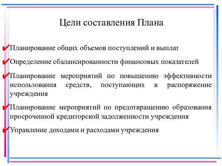 Цели составления Плана Планирование общих объемов поступлений и выплат Определение сбалансированности