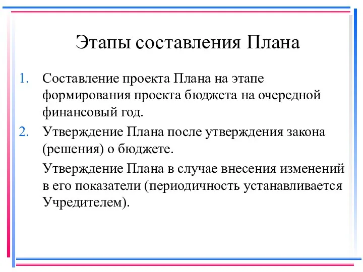 Этапы составления Плана Составление проекта Плана на этапе формирования проекта бюджета