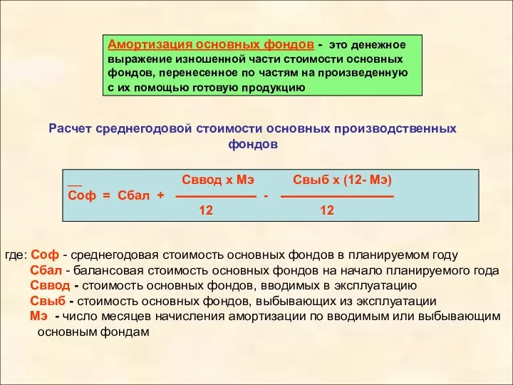 Расчет среднегодовой стоимости основных производственных фондов Амортизация основных фондов - это