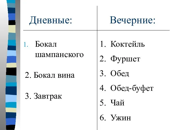 Дневные: Вечерние: Бокал шампанского 2. Бокал вина 3. Завтрак Коктейль Фуршет Обед Обед-буфет Чай Ужин