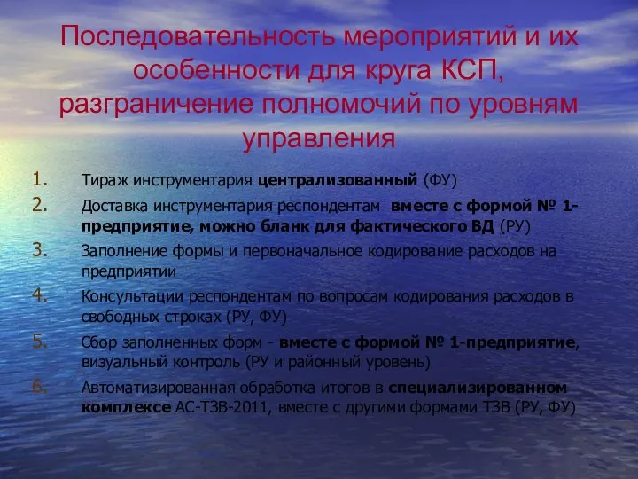 Последовательность мероприятий и их особенности для круга КСП, разграничение полномочий по