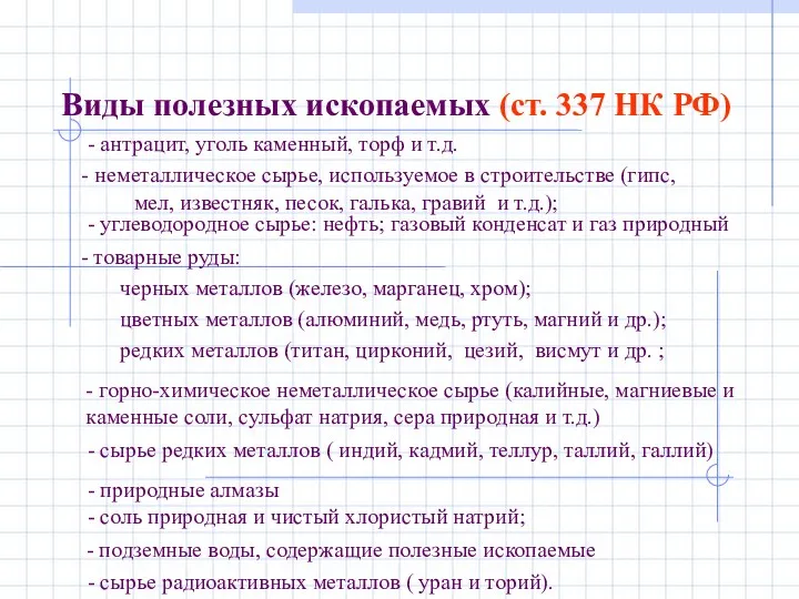 - антрацит, уголь каменный, торф и т.д. Виды полезных ископаемых (ст.