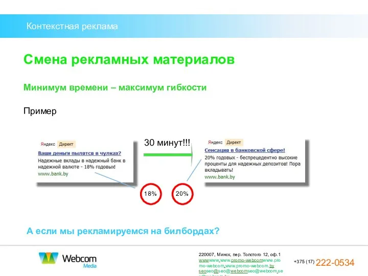 Контекстная реклама Смена рекламных материалов Минимум времени – максимум гибкости Пример