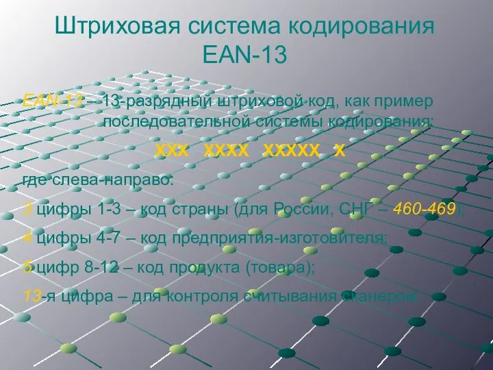 Штриховая система кодирования EAN-13 EAN-13 – 13-разрядный штриховой код, как пример