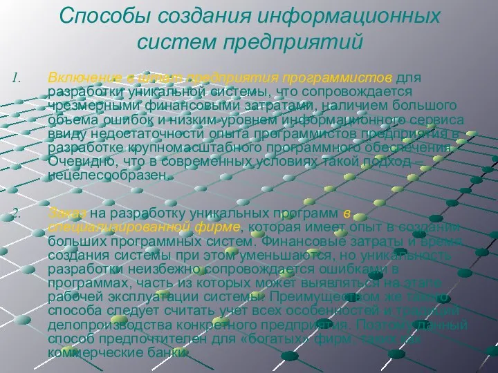 Способы создания информационных систем предприятий Включение в штат предприятия программистов для