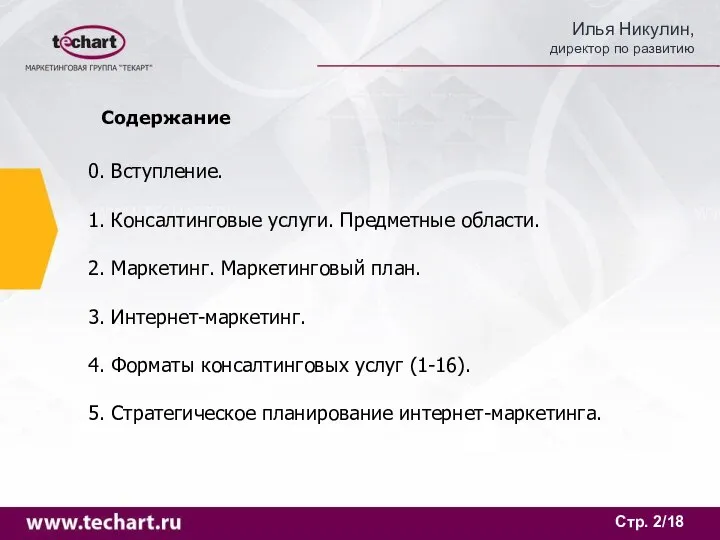 Стр. /18 Содержание 0. Вступление. 1. Консалтинговые услуги. Предметные области. 2.