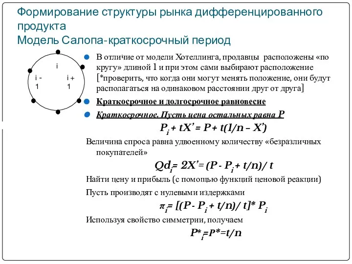 Формирование структуры рынка дифференцированного продукта Модель Салопа-краткосрочный период В отличие от