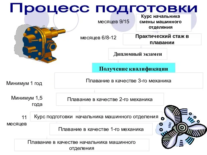 Дипломный экзамен Практический стаж в плавании Получение квалификации Курс начальника смены