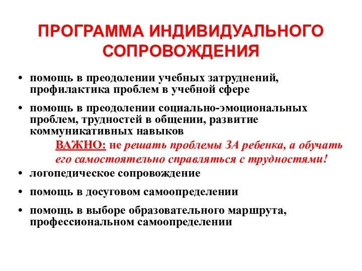 ПРОГРАММА ИНДИВИДУАЛЬНОГО СОПРОВОЖДЕНИЯ помощь в преодолении учебных затруднений, профилактика проблем в