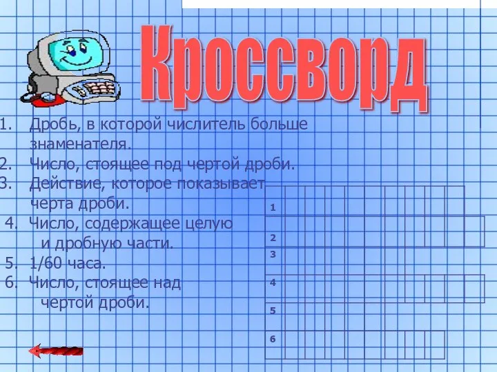 Дробь, в которой числитель больше знаменателя. Число, стоящее под чертой дроби.