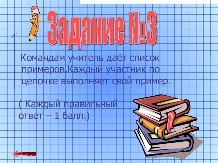 Задание №3 Командам учитель даёт список примеров.Каждый участник по цепочке выполняет