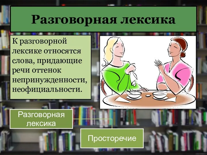 Разговорная лексика К разговорной лексике относятся слова, придающие речи оттенок непринужденности, неофициальности.