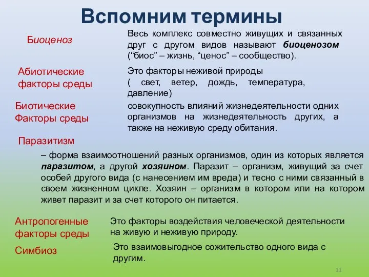 Вспомним термины Весь комплекс совместно живущих и связанных друг с другом