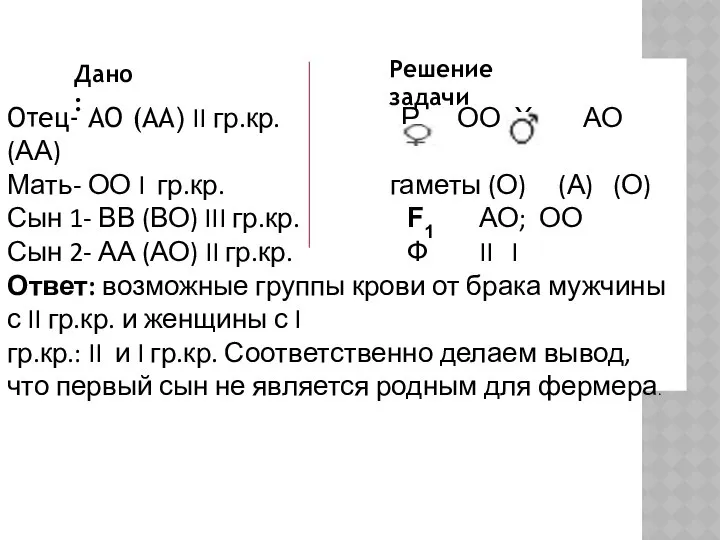 Отец- АО (АА) II гр.кр. Р ОО Х АО (АА) Мать-