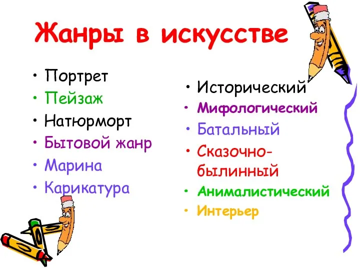 Жанры в искусстве Портрет Пейзаж Натюрморт Бытовой жанр Марина Карикатура Исторический Мифологический Батальный Сказочно-былинный Анималистический Интерьер