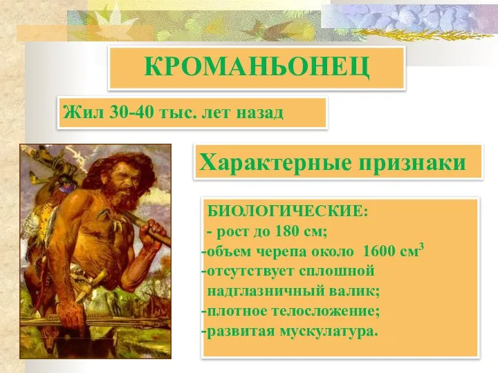 КРОМАНЬОНЕЦ БИОЛОГИЧЕСКИЕ: - рост до 180 см; объем черепа около 1600