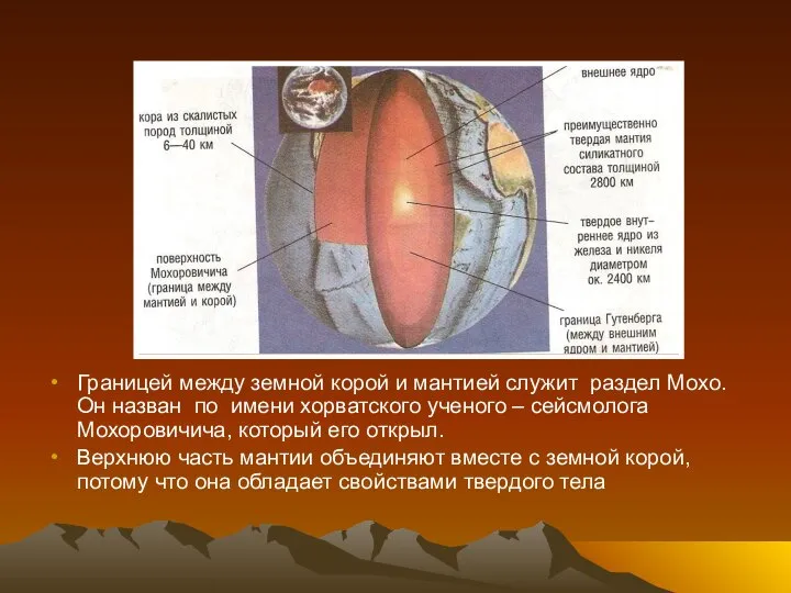 Границей между земной корой и мантией служит раздел Мохо. Он назван