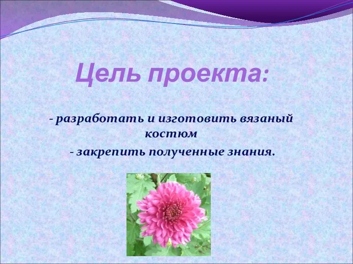 Цель проекта: - разработать и изготовить вязаный костюм - закрепить полученные знания.