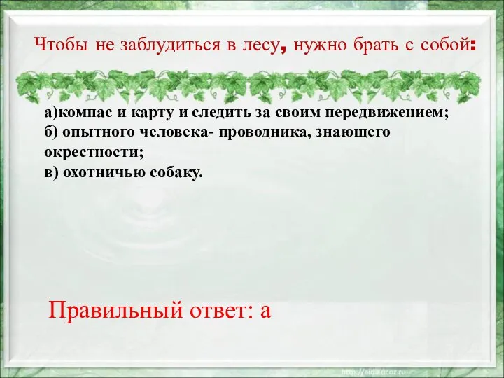 Чтобы не заблудиться в лесу, нужно брать с собой: а)компас и