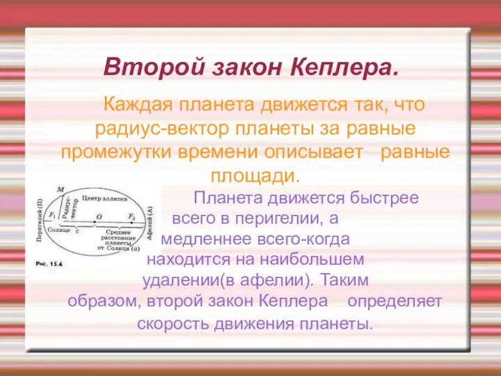 Второй закон Кеплера. Каждая планета движется так, что радиус-вектор планеты за