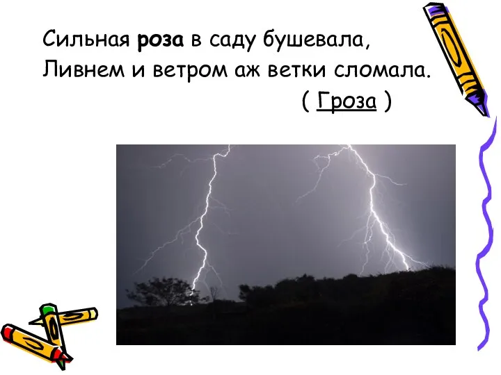 Сильная роза в саду бушевала, Ливнем и ветром аж ветки сломала. ( Гроза )