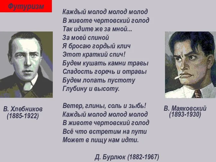 В. Хлебников (1885-1922) В. Маяковский (1893-1930) Д. Бурлюк (1882-1967) Каждый молод