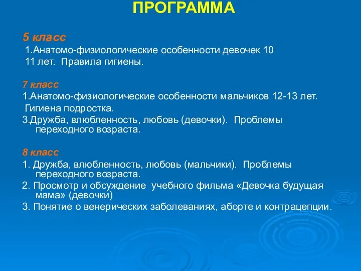 ПРОГРАММА 5 класс 1.Анатомо-физиологические особенности девочек 10 11 лет. Правила гигиены.