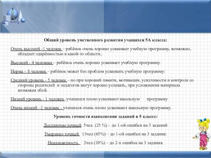 Общий уровень умственного развития учащихся 5А класса: Очень высокий -1 человек