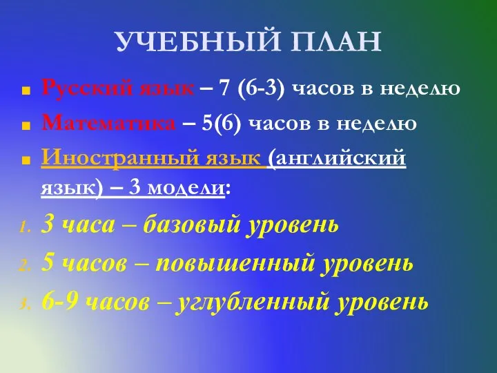 УЧЕБНЫЙ ПЛАН Русский язык – 7 (6-3) часов в неделю Математика