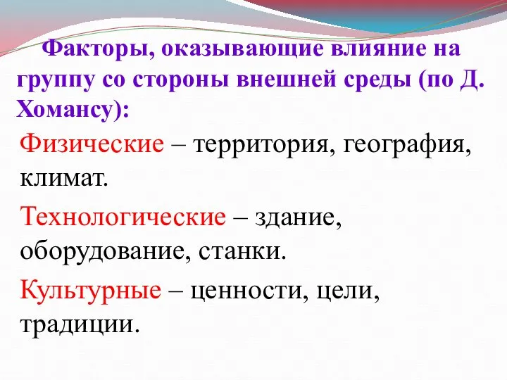 Факторы, оказывающие влияние на группу со стороны внешней среды (по Д.