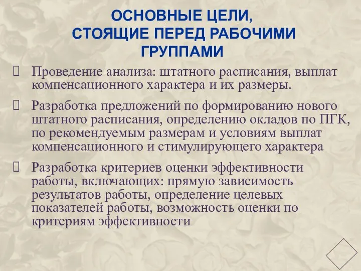 ОСНОВНЫЕ ЦЕЛИ, СТОЯЩИЕ ПЕРЕД РАБОЧИМИ ГРУППАМИ Проведение анализа: штатного расписания, выплат