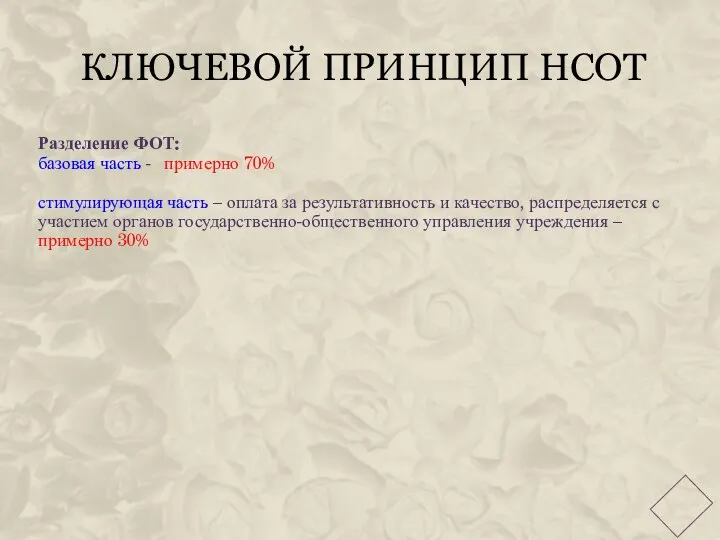 КЛЮЧЕВОЙ ПРИНЦИП НСОТ Разделение ФОТ: базовая часть - примерно 70% стимулирующая