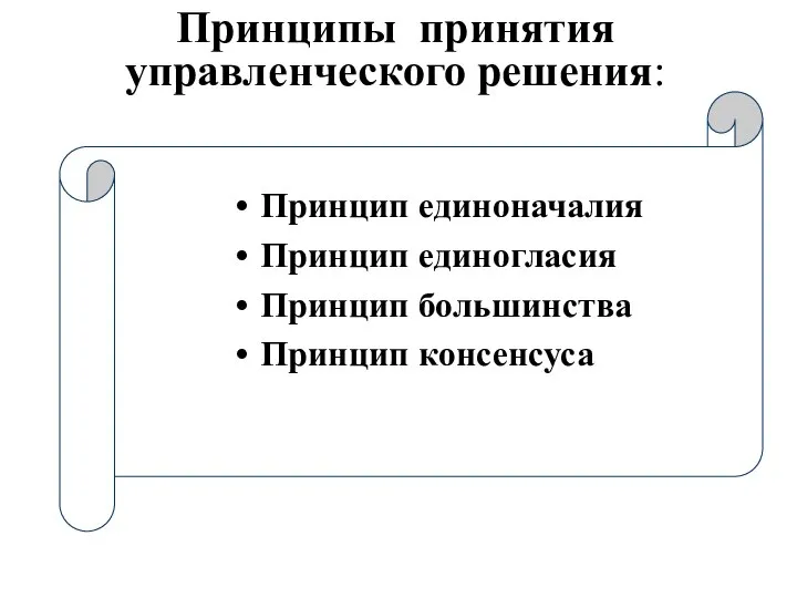 Принципы принятия управленческого решения: Принцип единоначалия Принцип единогласия Принцип большинства Принцип консенсуса