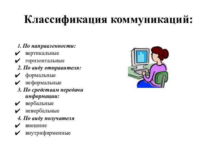 Классификация коммуникаций: 1. По направленности: вертикальные горизонтальные 2. По виду отправителя: