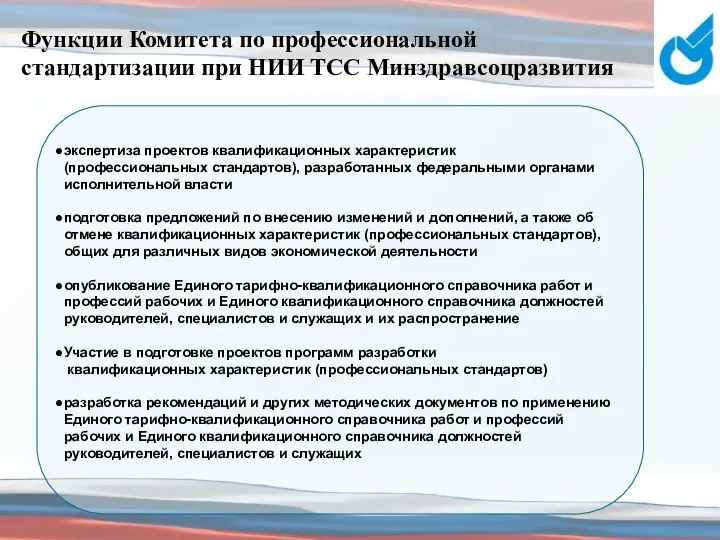 Функции Комитета по профессиональной стандартизации при НИИ ТСС Минздравсоцразвития экспертиза проектов