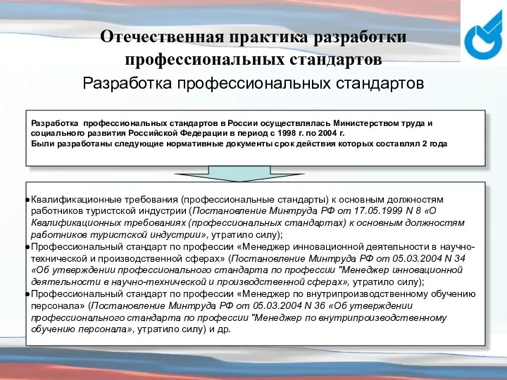 Отечественная практика разработки профессиональных стандартов Разработка профессиональных стандартов Квалификационные требования (профессиональные