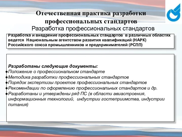 Отечественная практика разработки профессиональных стандартов Разработка профессиональных стандартов Разработаны следующие документы: