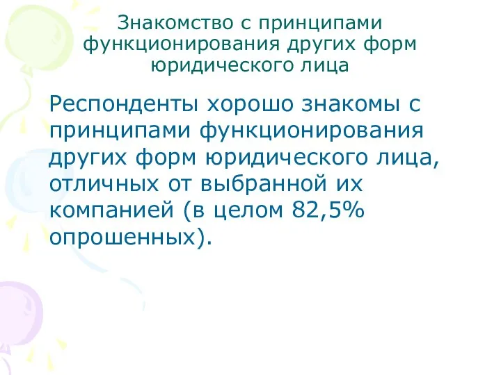 Знакомство с принципами функционирования других форм юридического лица Респонденты хорошо знакомы