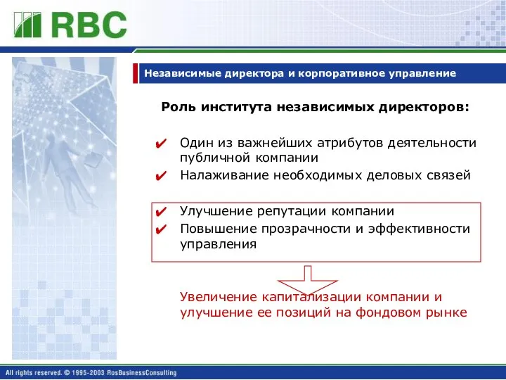 Независимые директора и корпоративное управление Роль института независимых директоров: Один из