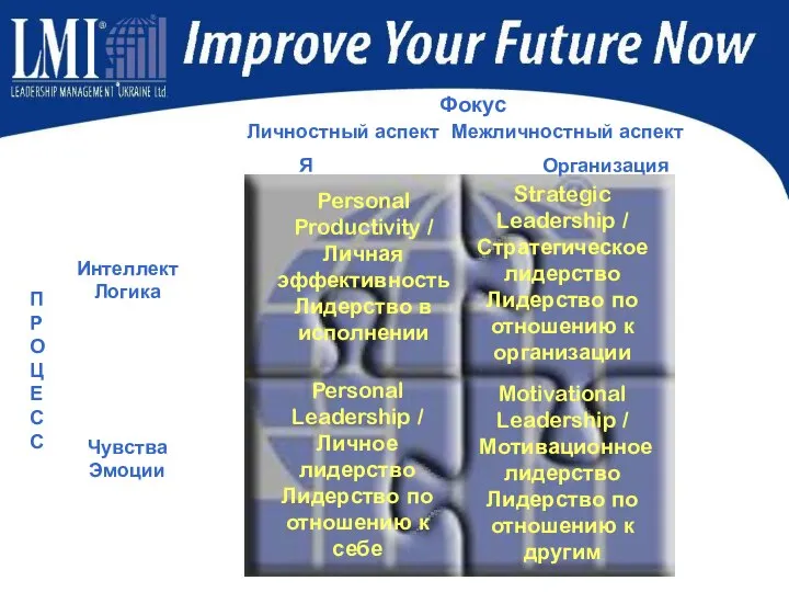 Фокус Личностный аспект Межличностный аспект Я Организация Интеллект Логика Чувства Эмоции