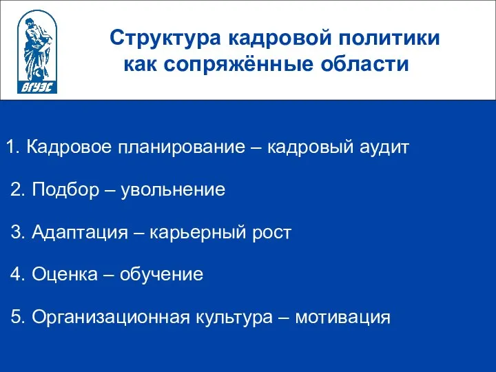 Структура кадровой политики как сопряжённые области 1. Кадровое планирование – кадровый