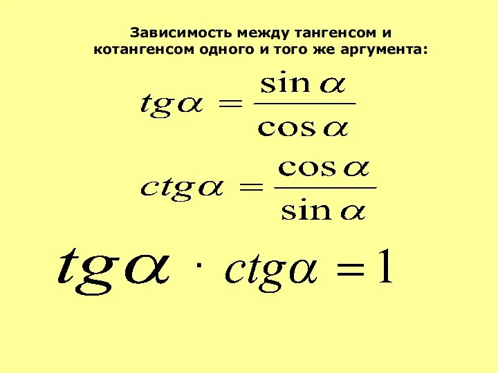 Зависимость между тангенсом и котангенсом одного и того же аргумента: