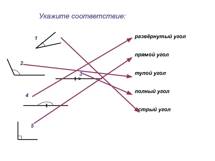 Укажите соответствие: 1 2 3 4 5 развёрнутый угол прямой угол