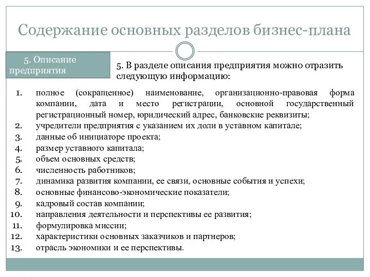 Содержание основных разделов бизнес-плана 5. Описание предприятия 5. В разделе описания